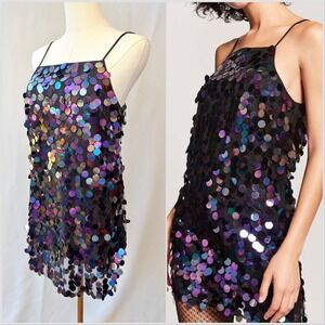 Iridescent Sequin Disc Mini Dress Black Party Y2K Forever 21 Sz Med
